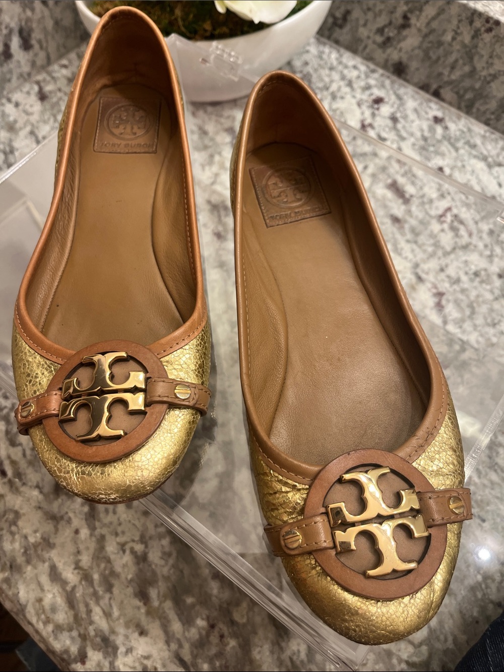 Tory Burch Gold Metallic Leather Ballet Flats with Brown Trim